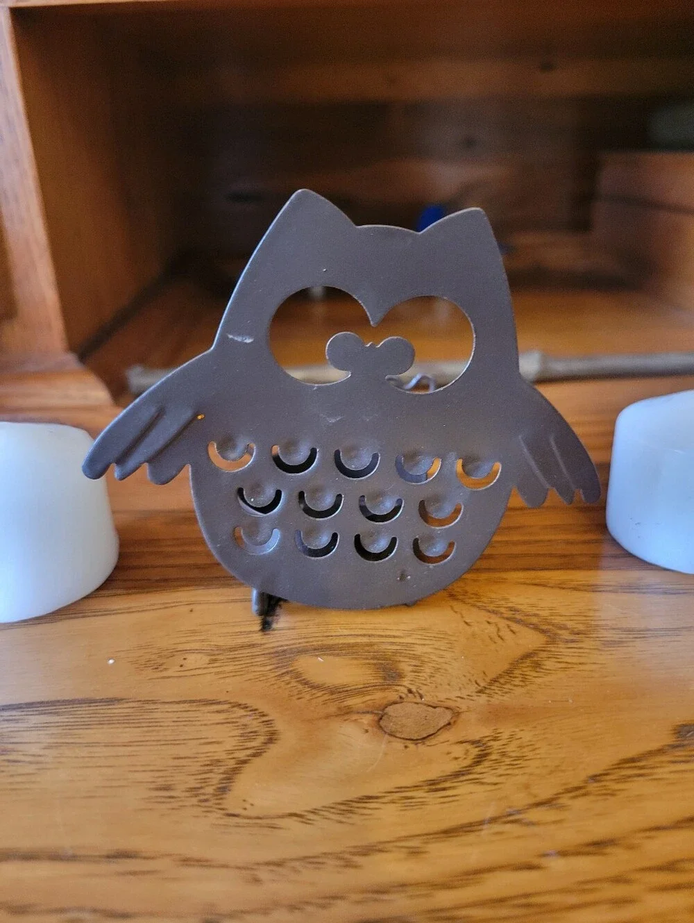 Orange Metal Jack-O'-Lantern Candle Holders with Bronze Owl Tea Light Holders
